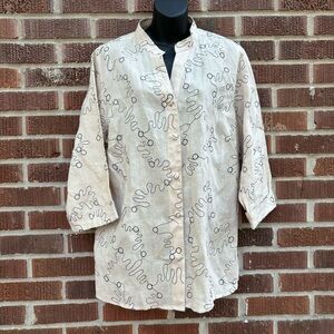 Saint Tropez West Linen Cream color black swirls 3/4 sleeve Blouse Shirt Sz 1X